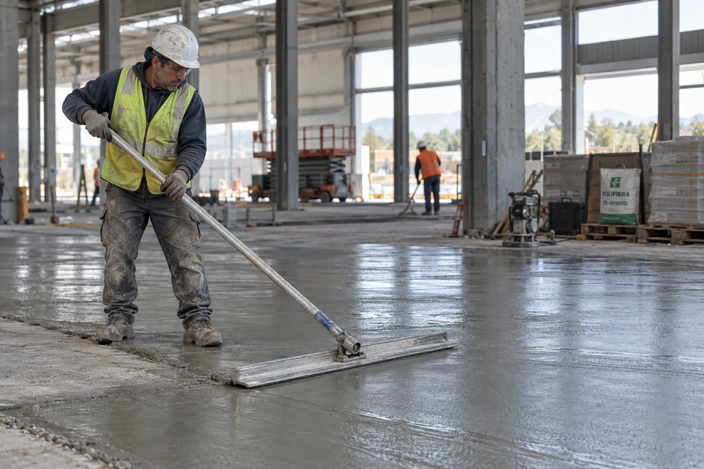 Escena ilustrativa: operarios nivelando y terminando un piso de concreto industrial