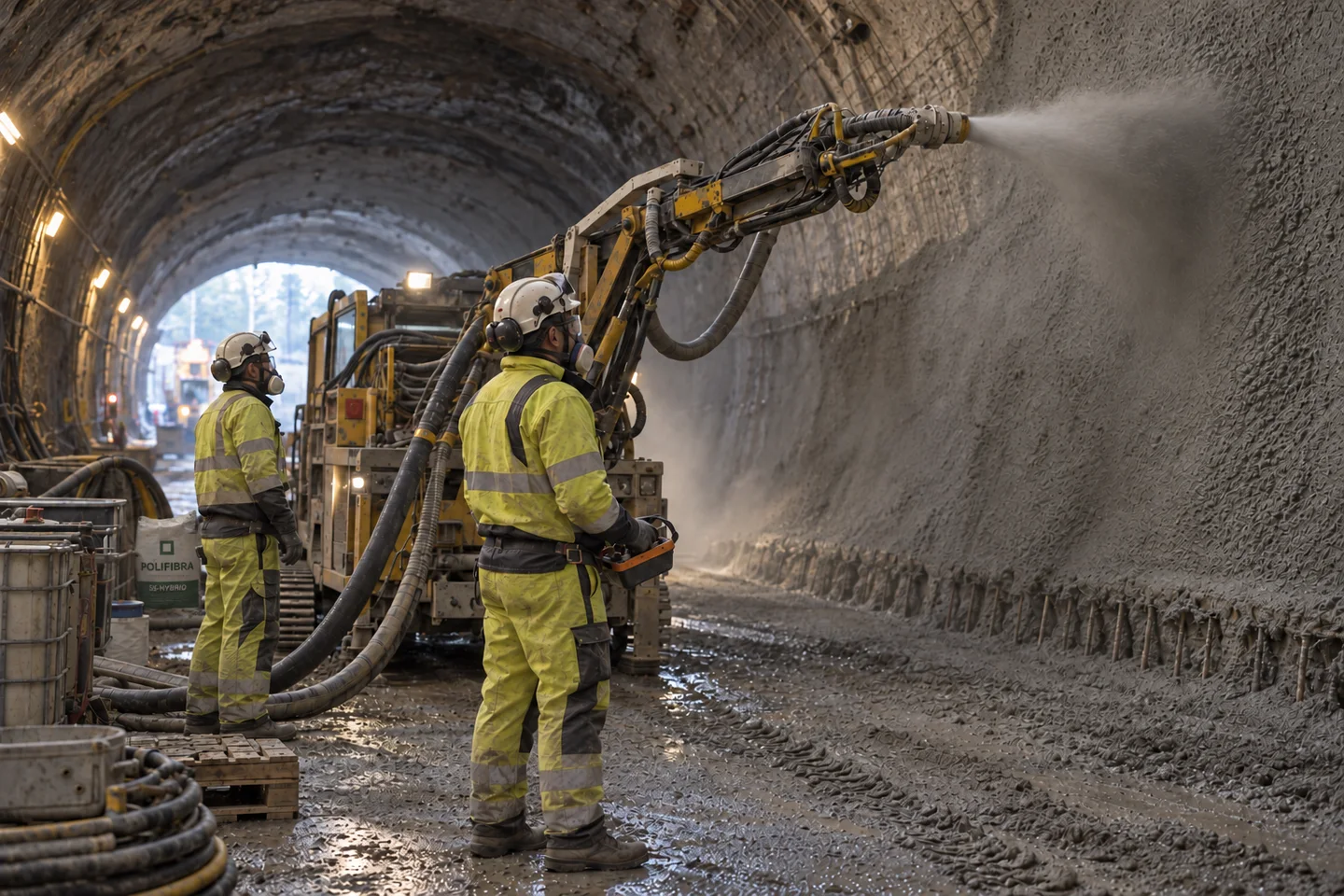 Escena ilustrativa: operarios controlando un brazo robotizado de concreto lanzado en un túnel
